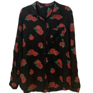 Icōne Black Soft Button Down Shirt With Red Roses